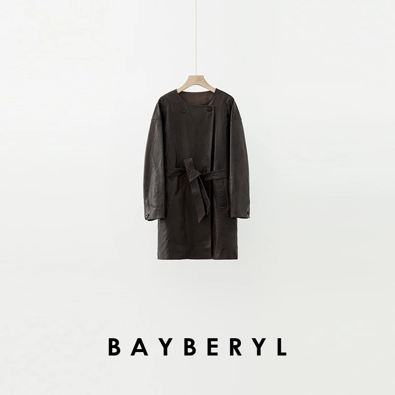 停售-BAYBERYL老贝歇尔*做旧系带双排扣柔韧圆领秋皮衣9PY5H2644-