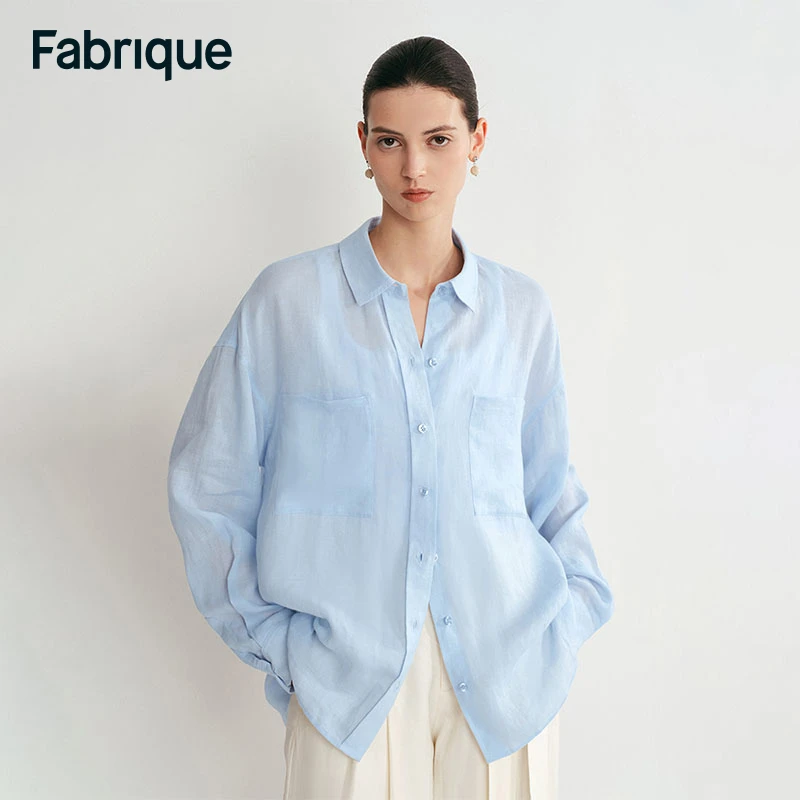 Fabrique【秦海璐同款】新款冰河蓝薄透纯亚麻微透时尚休闲宽松衬衫