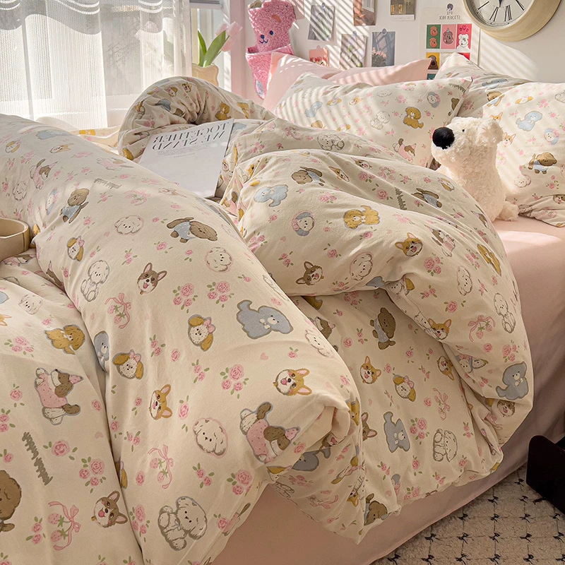 ins床上四件套可爱双层纱被套非全棉纯棉床品学生宿舍床单三件套