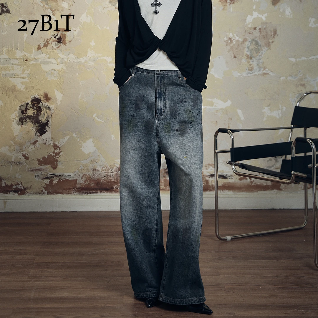 27B1T 牛仔蓝色做旧垮裆宽松廓形牛仔长裤斑驳街头复古BDWWA1K292
