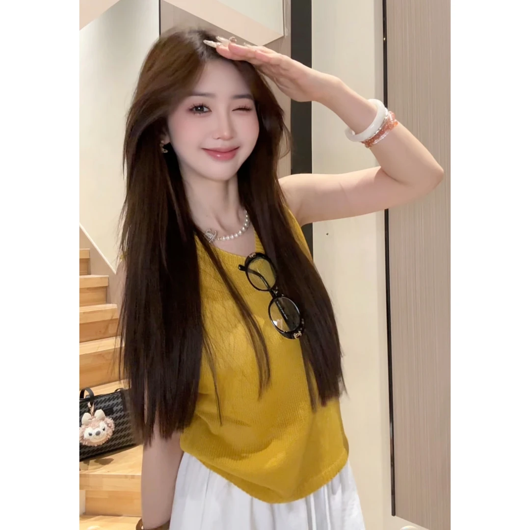 2025夏季新款韩版时尚圆领无袖针织背心女百搭纯色简约针织衫上衣