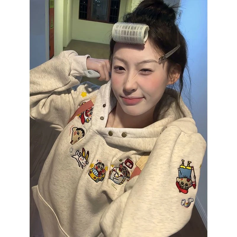 国潮牌美式卡通刺绣ins风春秋卫衣女冬宽松慵懒风加绒超火外套男