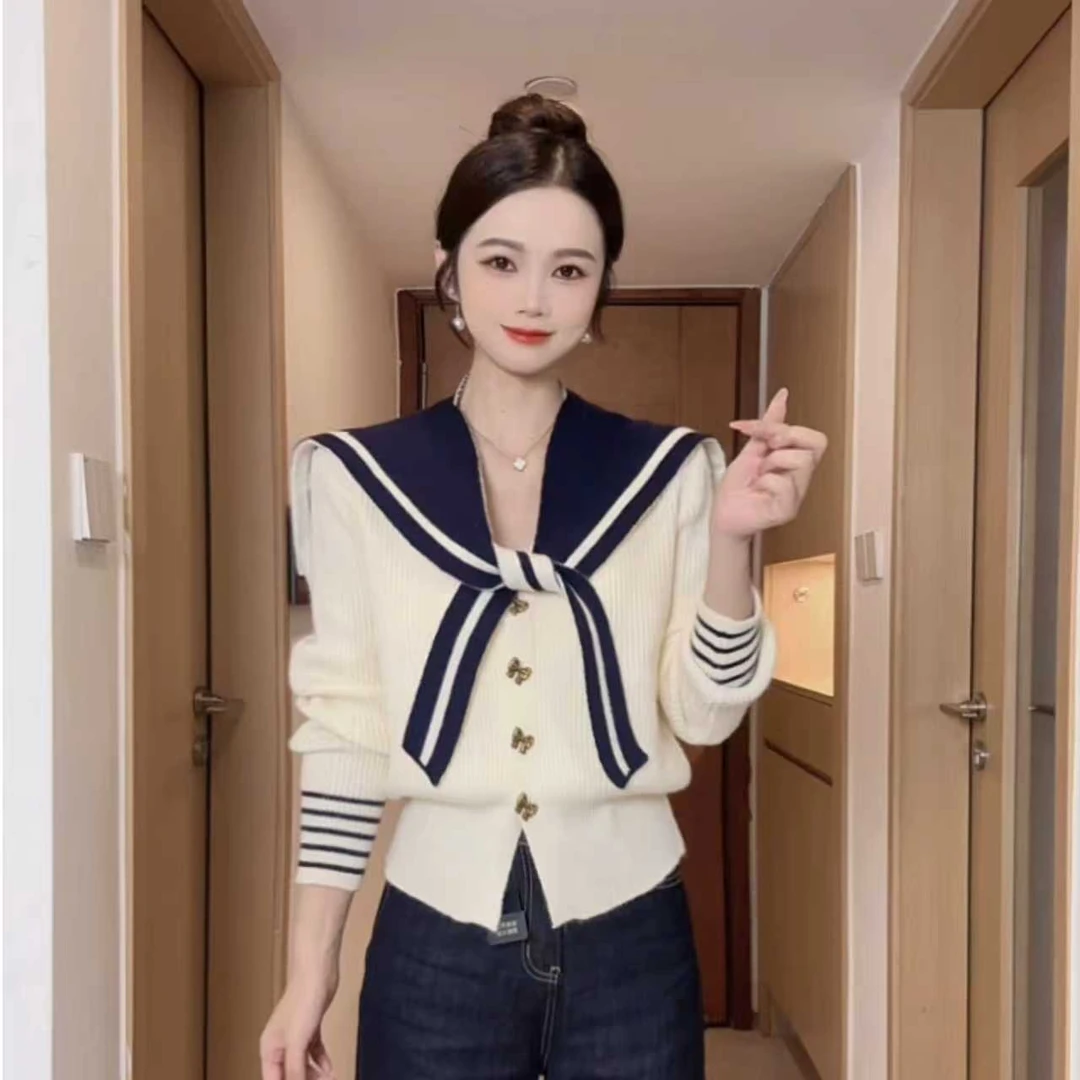 海军领气质修身软糯针织开衫女装2025秋冬新款高级感上衣蝴蝶扣