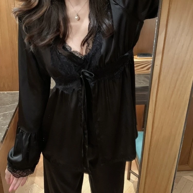 RUIY法式高级感冰丝睡衣女2024新款秋季吊带家居服三件套带胸垫