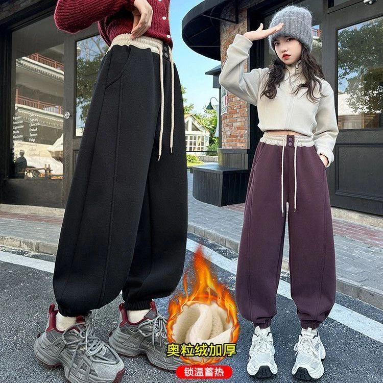 【潮款加绒】冬季女童奥利绒休闲裤中大童宽松时尚一体绒运动长裤