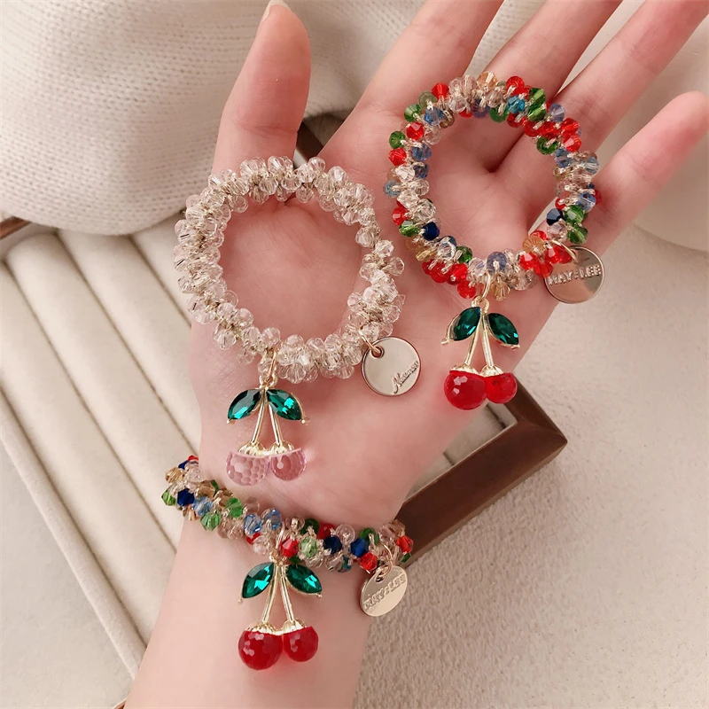 时尚韩国水钻彩色水晶手链两用五彩绳发圈头绳女发绳樱桃皮筋马尾