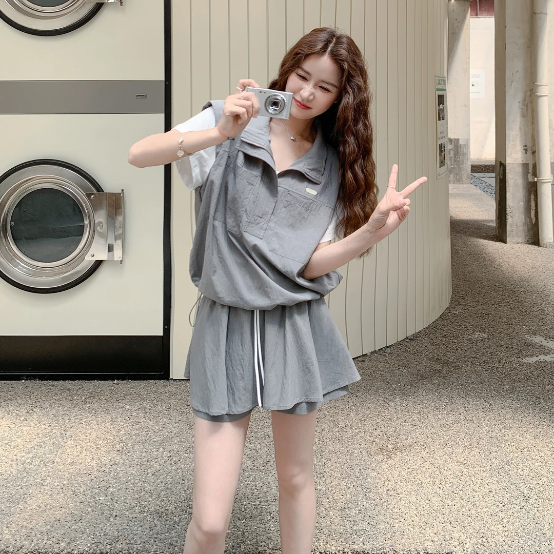 灰色老钱风减龄套装裙女2025夏季新款小个子假两件衬衣短裙两件套