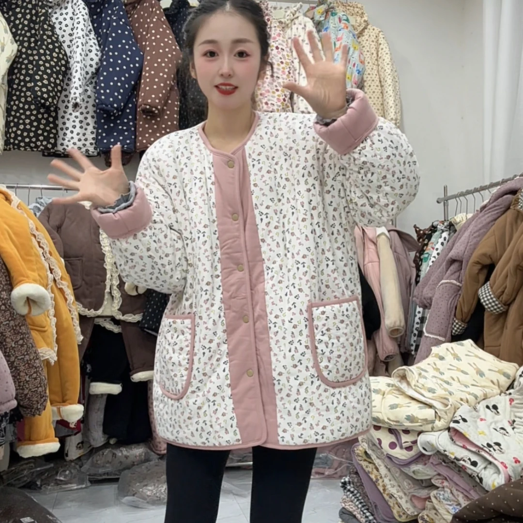 韩系女冬季新款双面穿碎花棉花衣