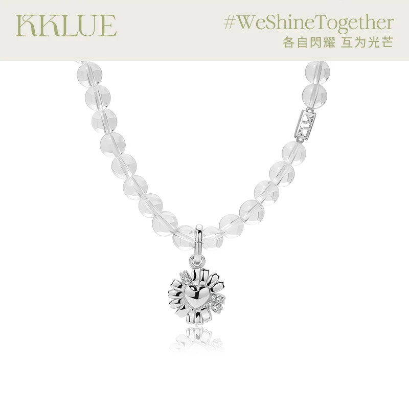 KKLUE爱心雏菊锆石吊坠天然白水晶串珠项链百搭花朵项链珠宝礼物