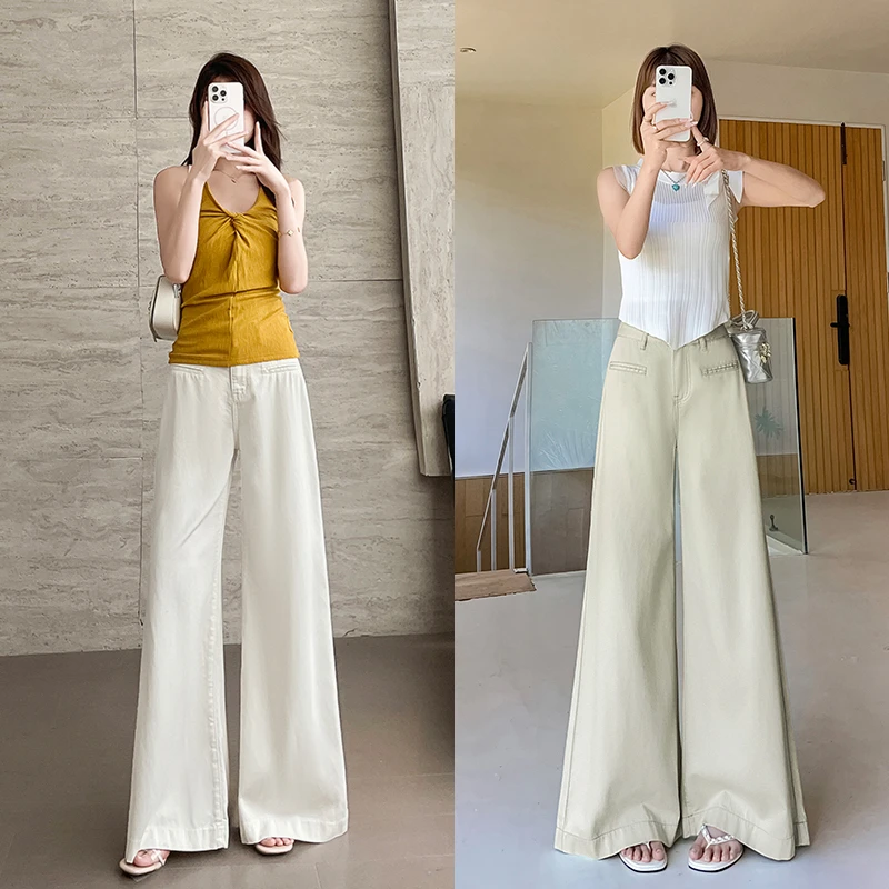 抹茶绿天丝阔腿软牛仔裤女2025夏季薄款宽松不贴腿莱赛尔大脚裤子