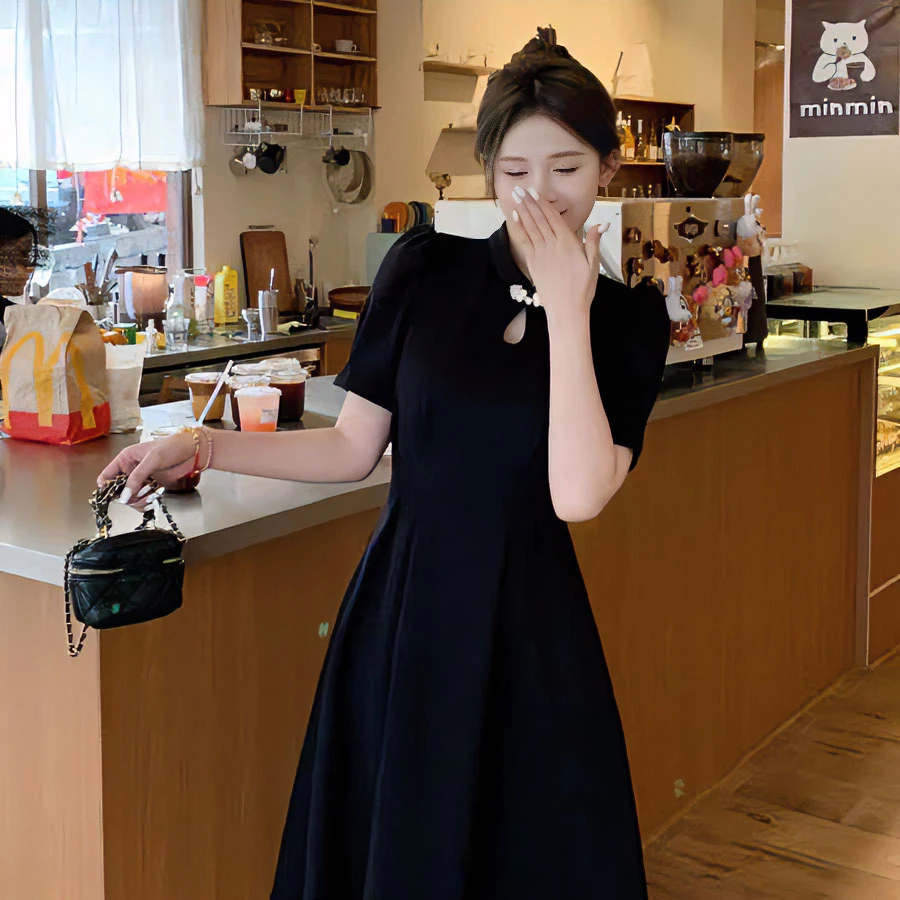 大码女装新中式复古国风连衣裙夏季收腰小黑裙胖MM显瘦裙子女1456