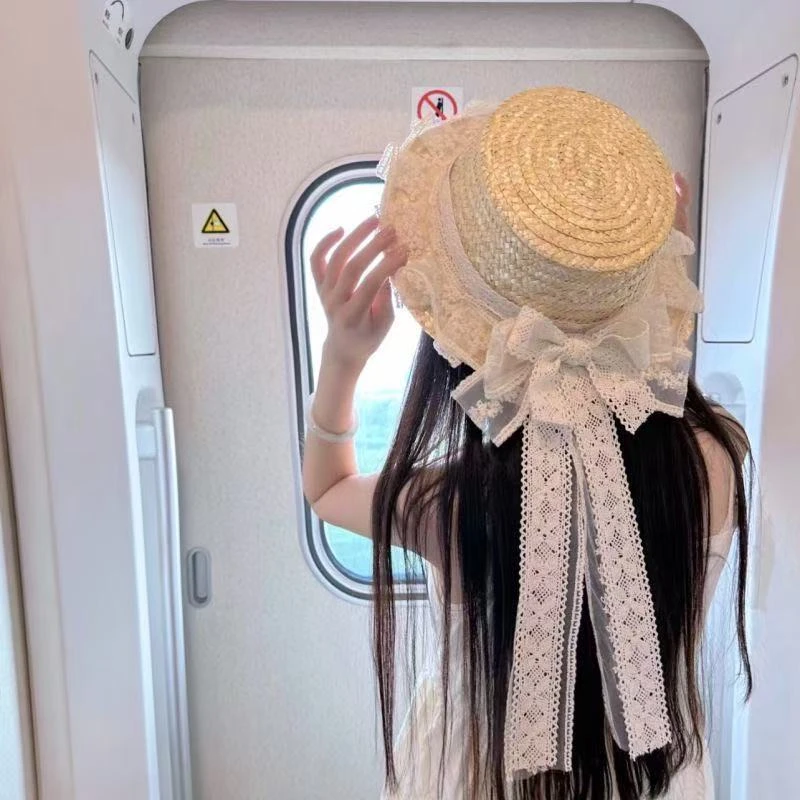 蕾丝草帽女夏季中国风蝴蝶结帽子ol太阳帽欧若假日风