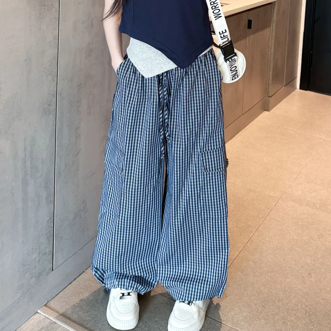 女童新款韩版洋气格子休闲直筒阔腿裤2025儿童夏款百搭长裤
