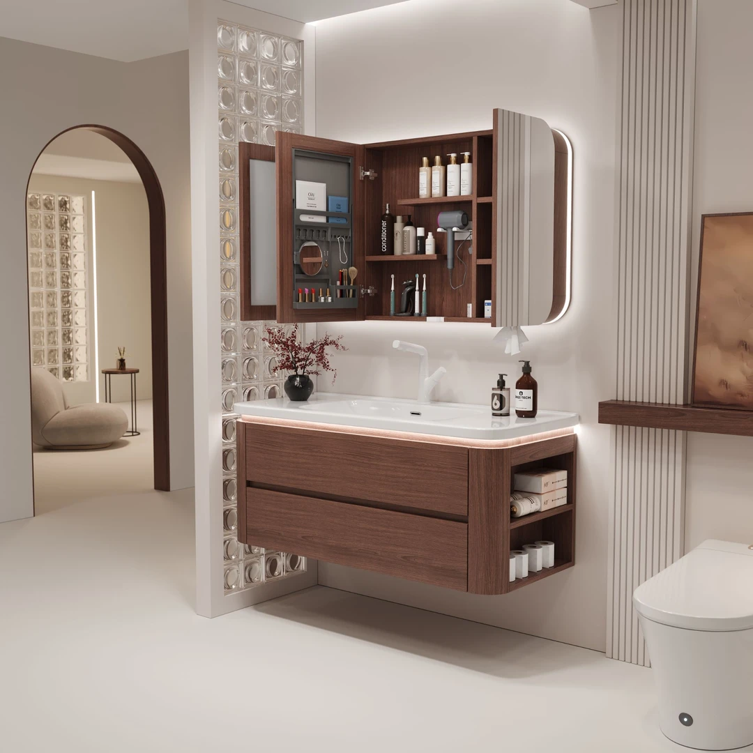 胡桃色2025新款圆角浴室柜带侧柜法式复古洗脸盆组合柜陶瓷一体