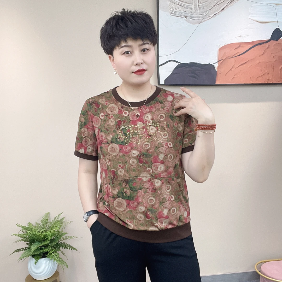 圆领烫钻夏季短袖百搭女装印花宽松T恤