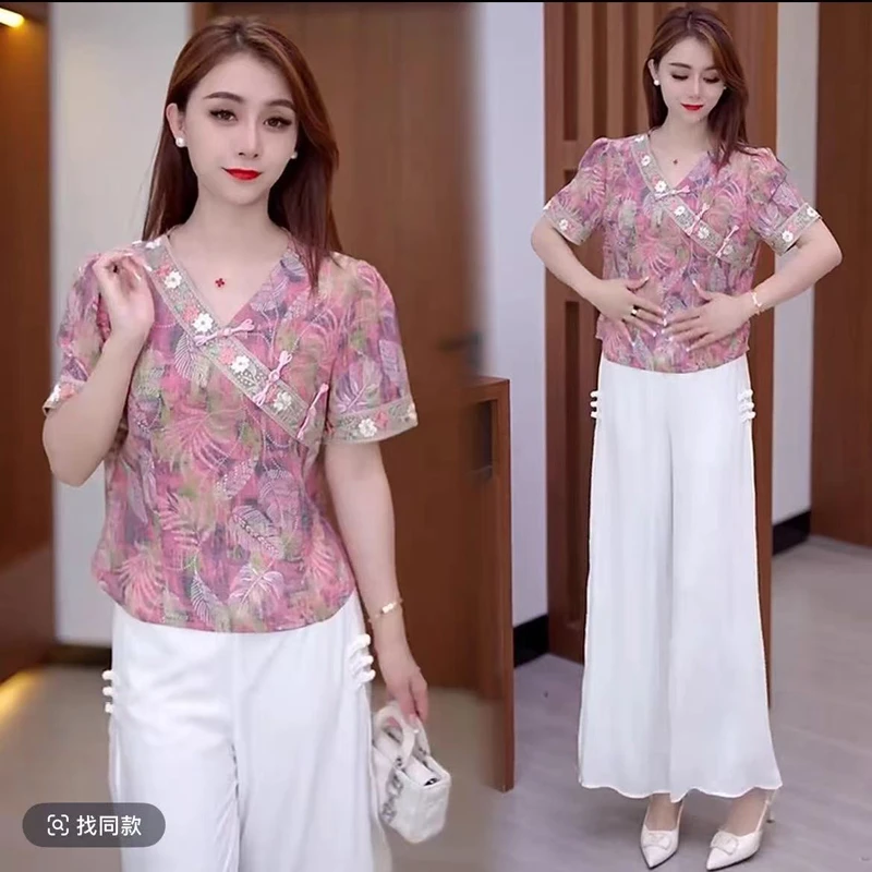 夏季时尚气质新款小衫洋气国风宽松休闲打底衫阔腿夏装上衣碎花