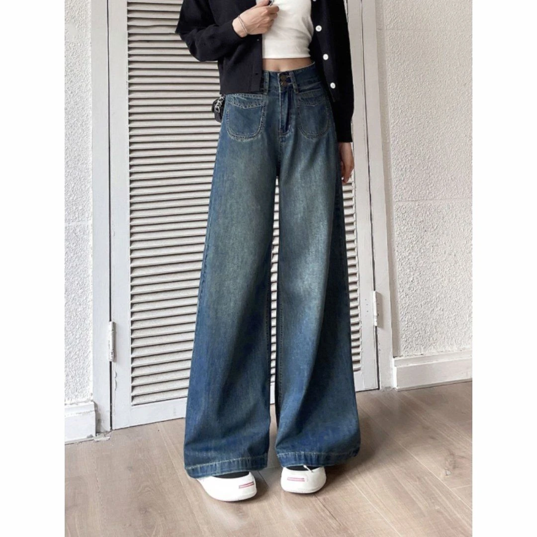 【现货+运险】夏季大码百搭复古蓝直筒牛仔裤女高腰显瘦垂感阔腿裤