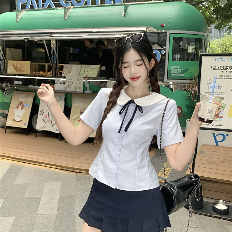 【小野学妹】胖mm学院风蓝色衬衫高腰显瘦遮肚子半身裙jk约会两件套