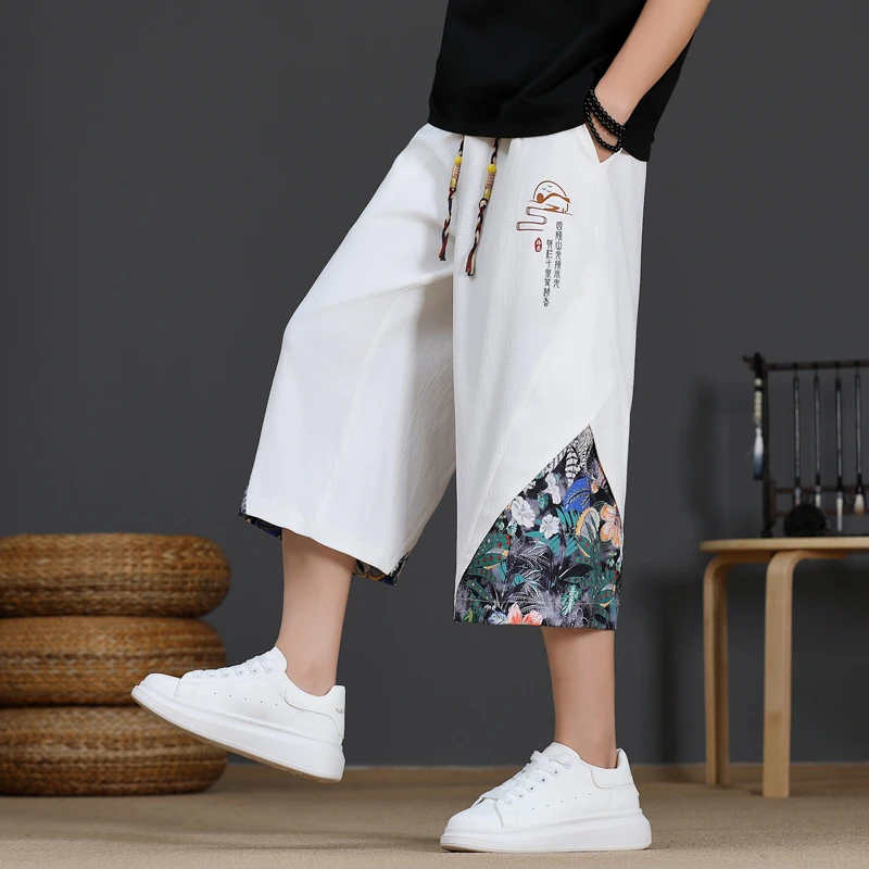 夏季新款冰丝凉感男士七分裤新中式国风潮流宽松速干直筒休闲中裤