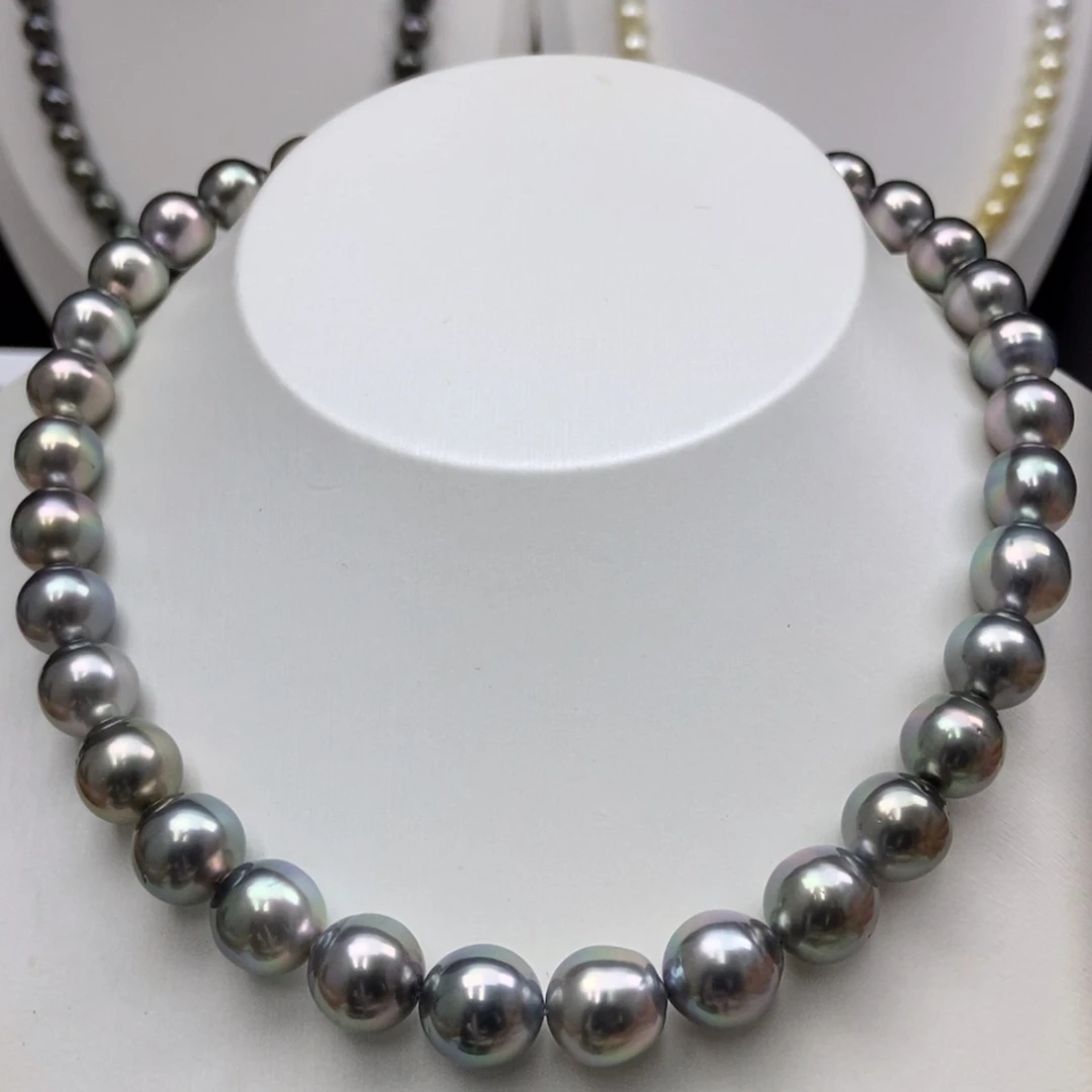 银S925镶嵌海水珍珠颈饰10-11/35颗 铂金灰