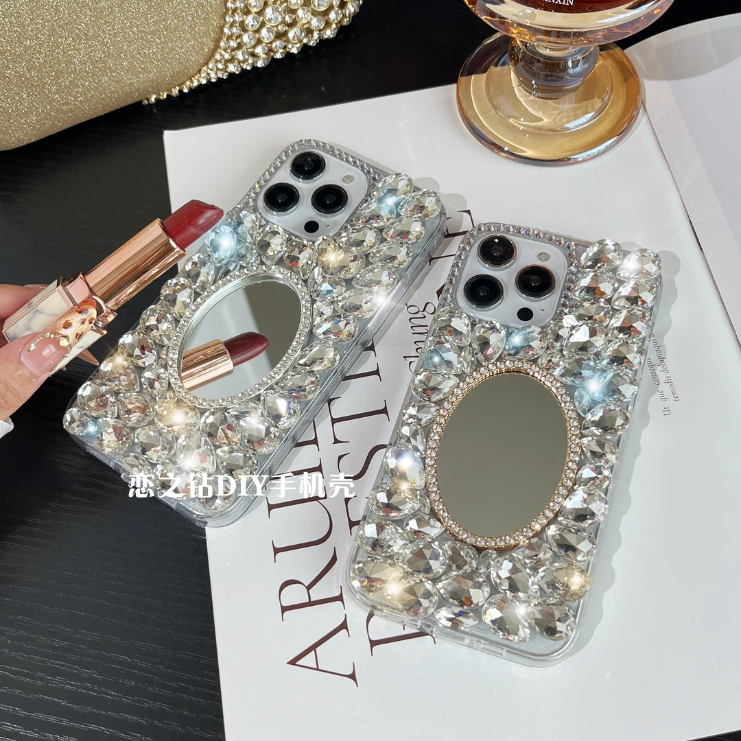 适用苹果16/华为/oppo/vivo精致椭圆镜子手机壳满钻高级感防摔