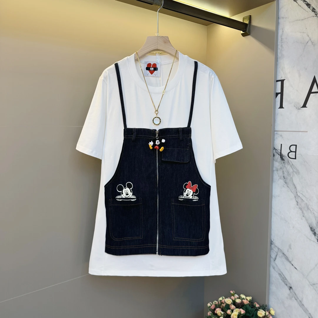 新款圆领胖妹妹拼接卡通图案款假俩件时尚洋气韩版2025百搭T恤