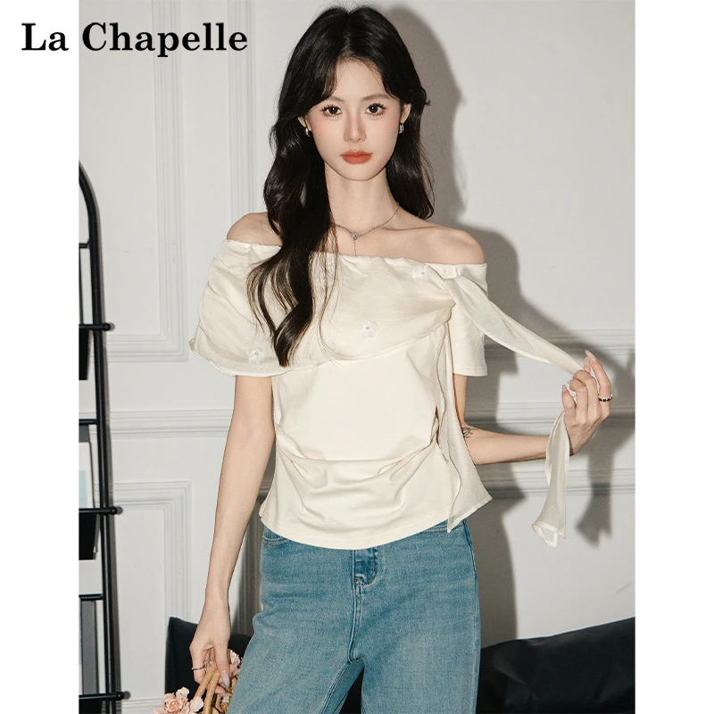 拉夏贝尔韩式立体花朵绑带短袖T恤女2025新夏季百搭一字肩设计感