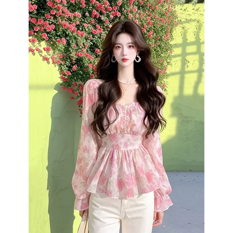 2025春季独特超好看内搭显瘦法式小香风粉色碎花衬衫女装