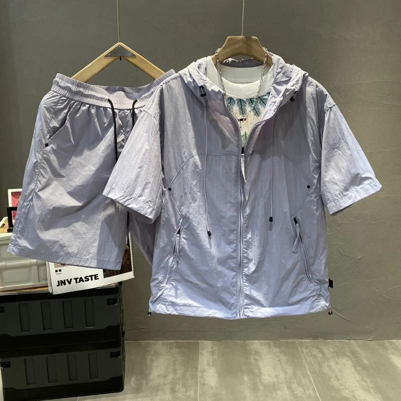 2025新款男士夏季薄款休闲运动套装时尚潮流宽松连帽短袖短裤套装