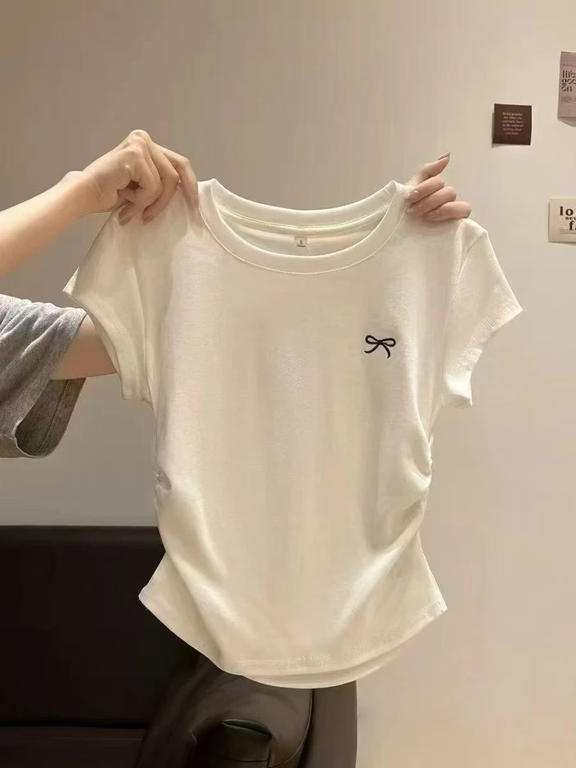 【豪宝贝】2025夏款蝴蝶结刺绣标小T恤7532