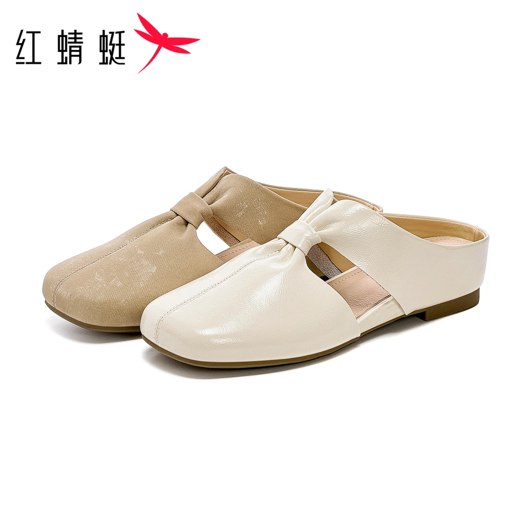 红蜻蜓低跟半拖复古包头包头拖软底胶粘鞋白色纯色平底鞋拖