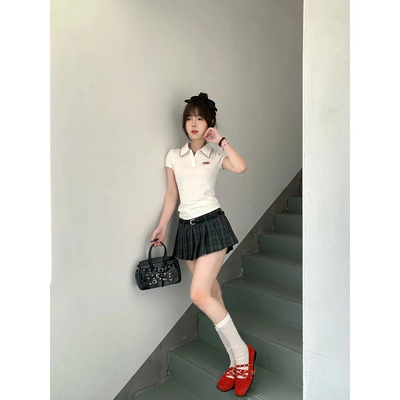 学院风辣妹套装女撞色POLO领短袖针织上衣高腰格纹短半身裙两件套