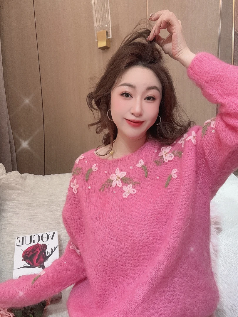 DC【粉色冬季】高级气质显瘦法式花朵粉时尚套头上衣粉色打底