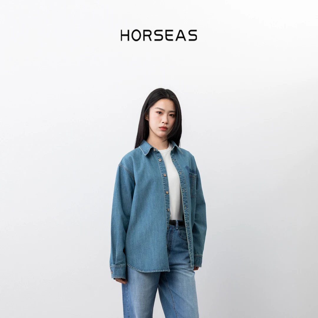 THE HORSEAS/海边的马汉麻棉混纺做旧水洗影子口袋牛仔衬衫外套