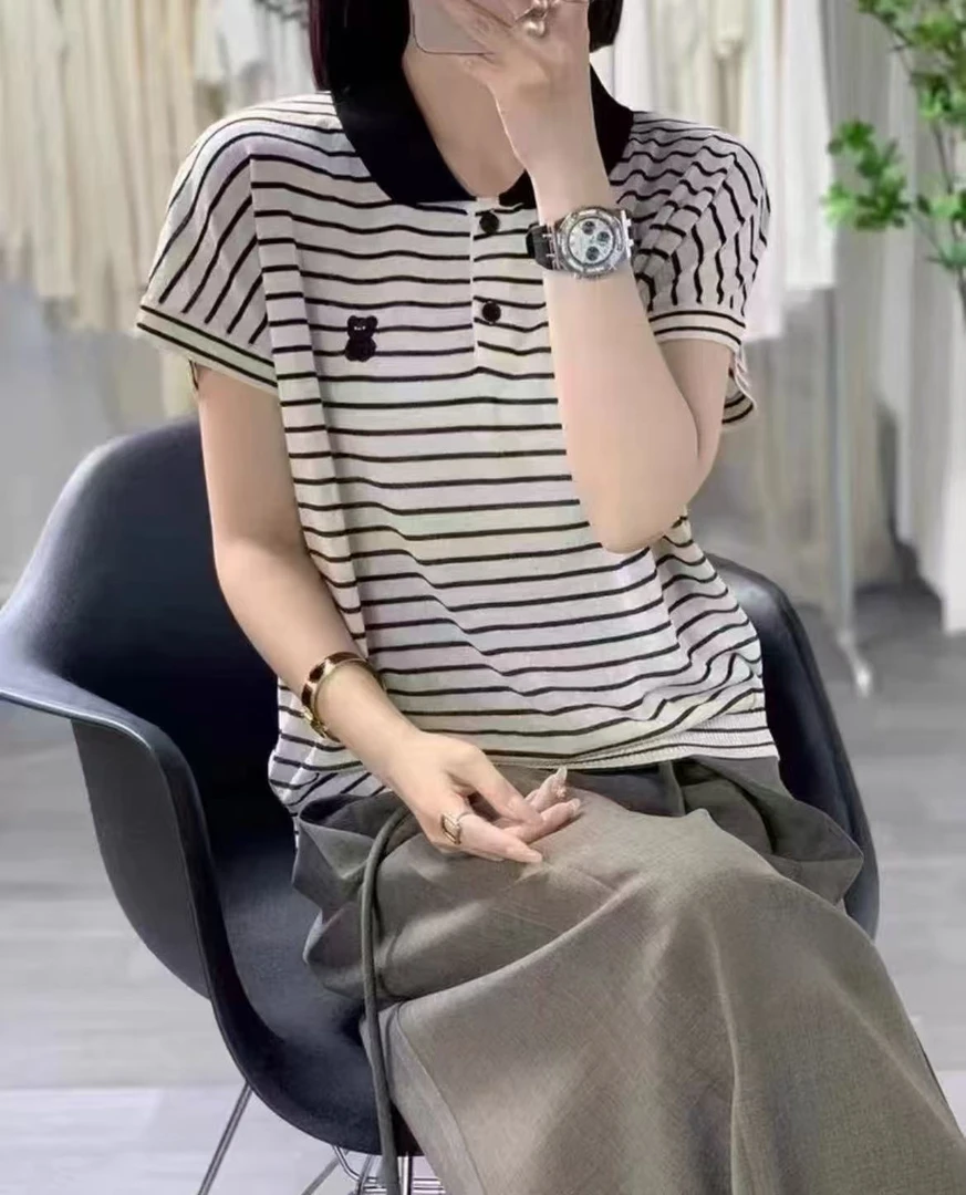 夏季条纹冰丝针织短袖女t恤夏2025新款polo领上衣洋气B14