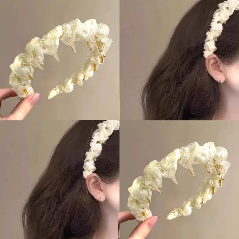 雾霭流年~珍珠褶皱纱网发箍女米色外戴发箍ins风神器