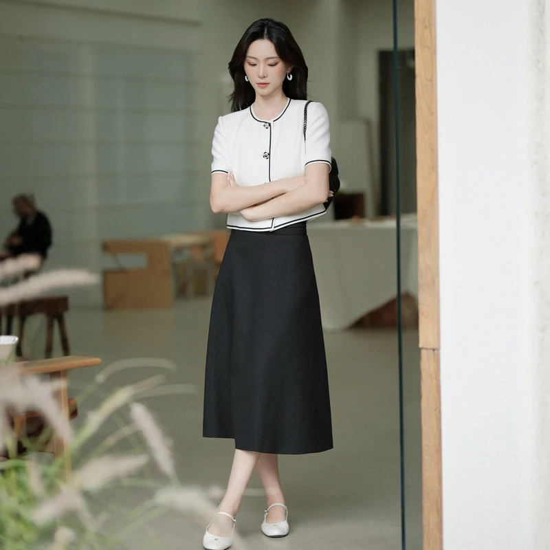 LIME/莱茵【海盐初夏】夏季薄款香风通勤梭织半裙黑色LDGB3AWSK303