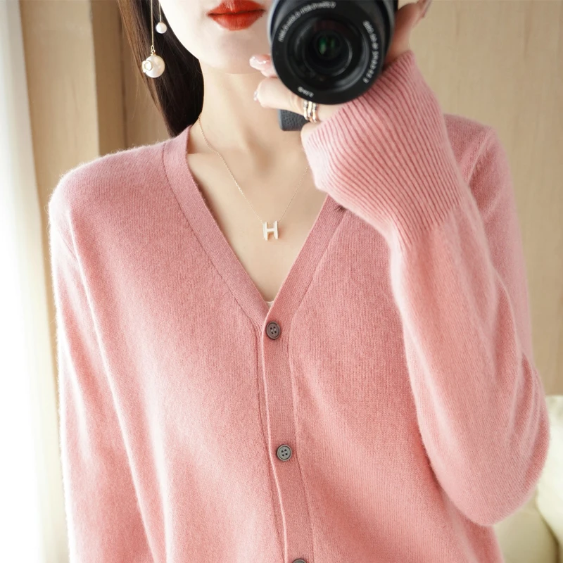 商场同款 V领纯羊毛开衫女宽松百搭外套防晒大码针织空调衫N-1902