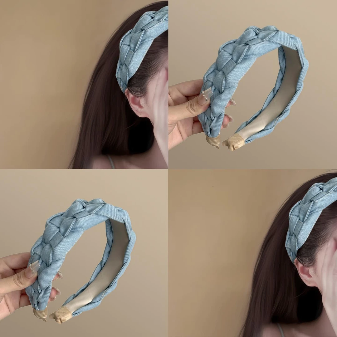 甜辣~覆古加宽牛仔麻花辫发箍韩版高颅顶发箍压发夹头巾遮耳