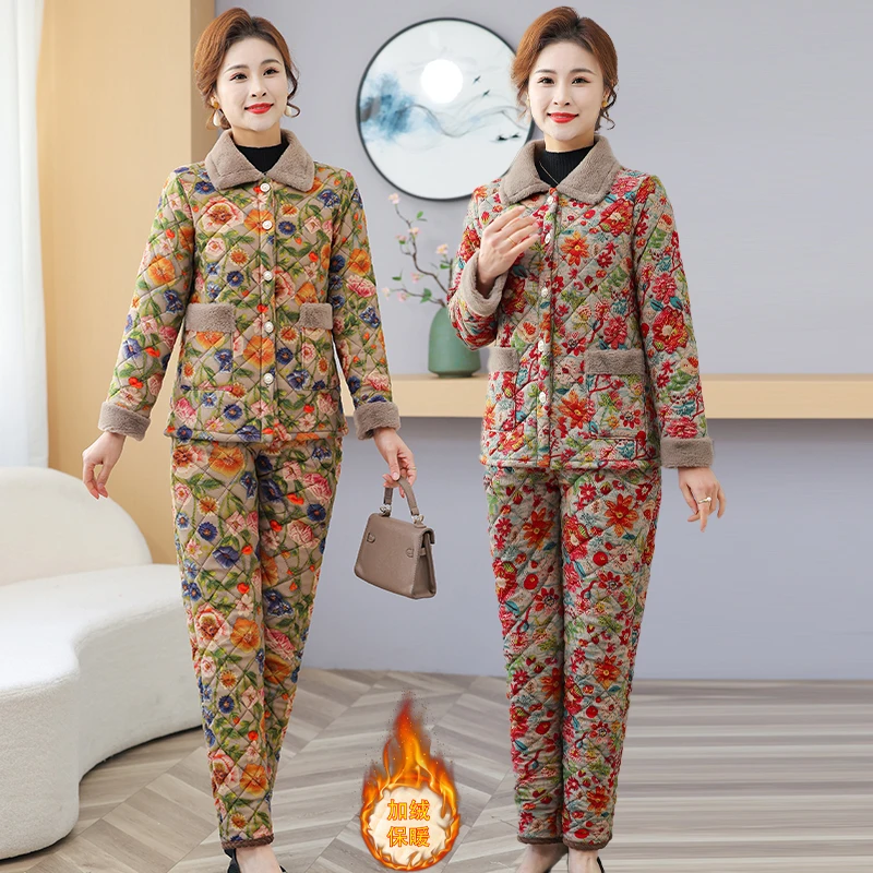 冬季新款气质时尚翻领碎花中老年妈妈女装加绒加保暖厚棉衣套装