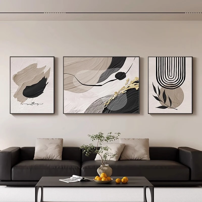 黑白灰抽象艺术沙发背景墙装饰画高级感客厅挂画现代简约三联壁画
