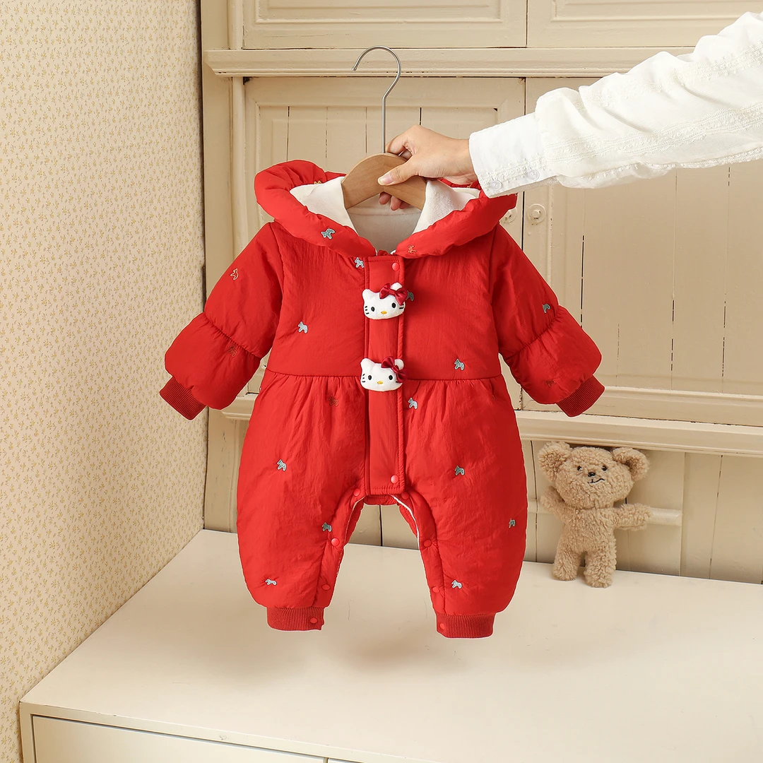 婴儿衣服冬季加厚棉衣新年红色外出棉服男女宝宝连体衣夹棉爬爬服