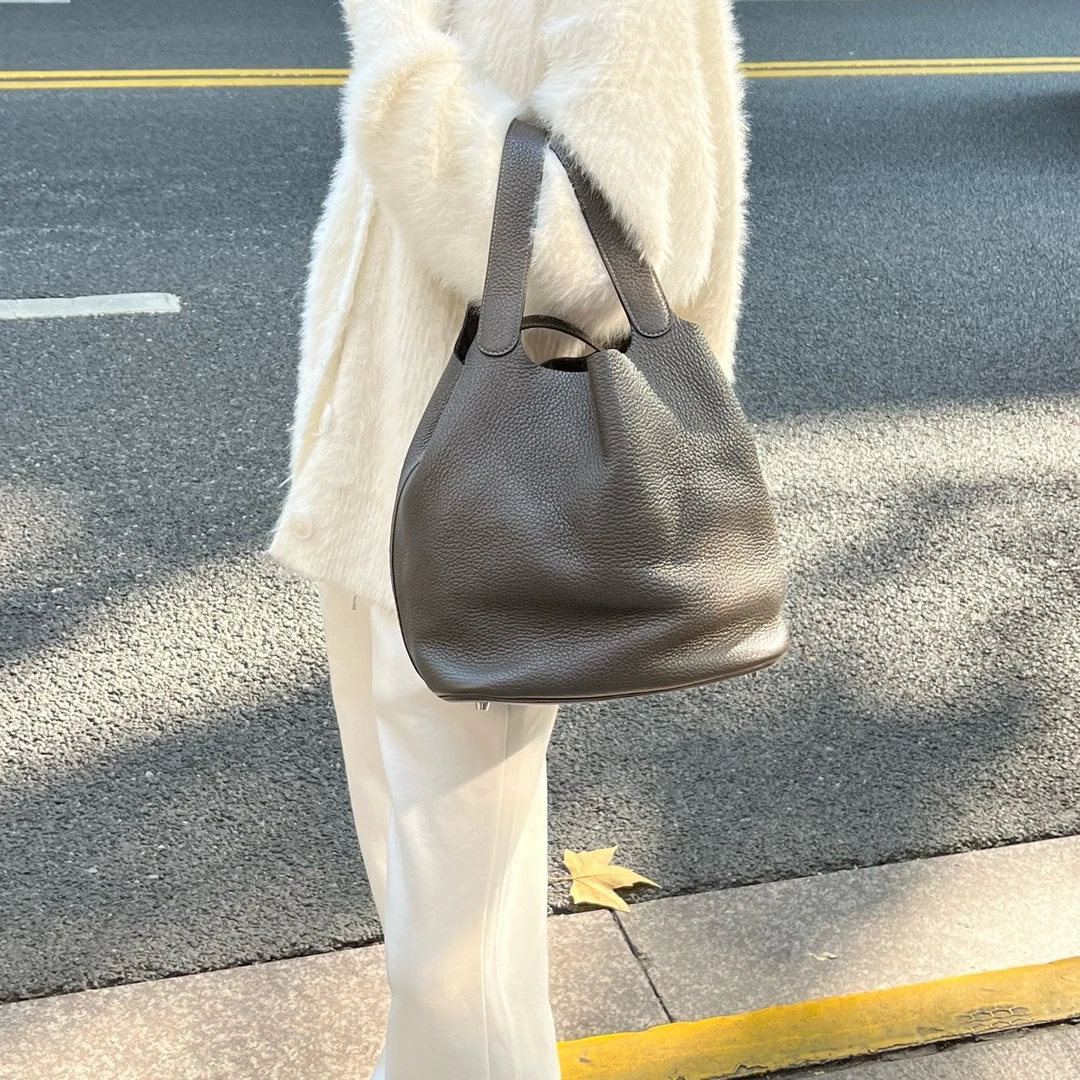 95新 Hermes/爱马仕 菜篮子26 8F锡器灰银扣 TC皮手提包 T刻/6968