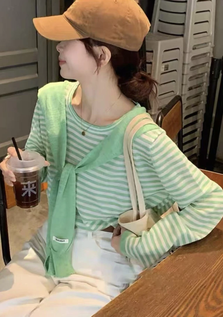 韩系简约冰丝凉感披肩两件套针织衫女春夏小清新百搭条纹上衣5098