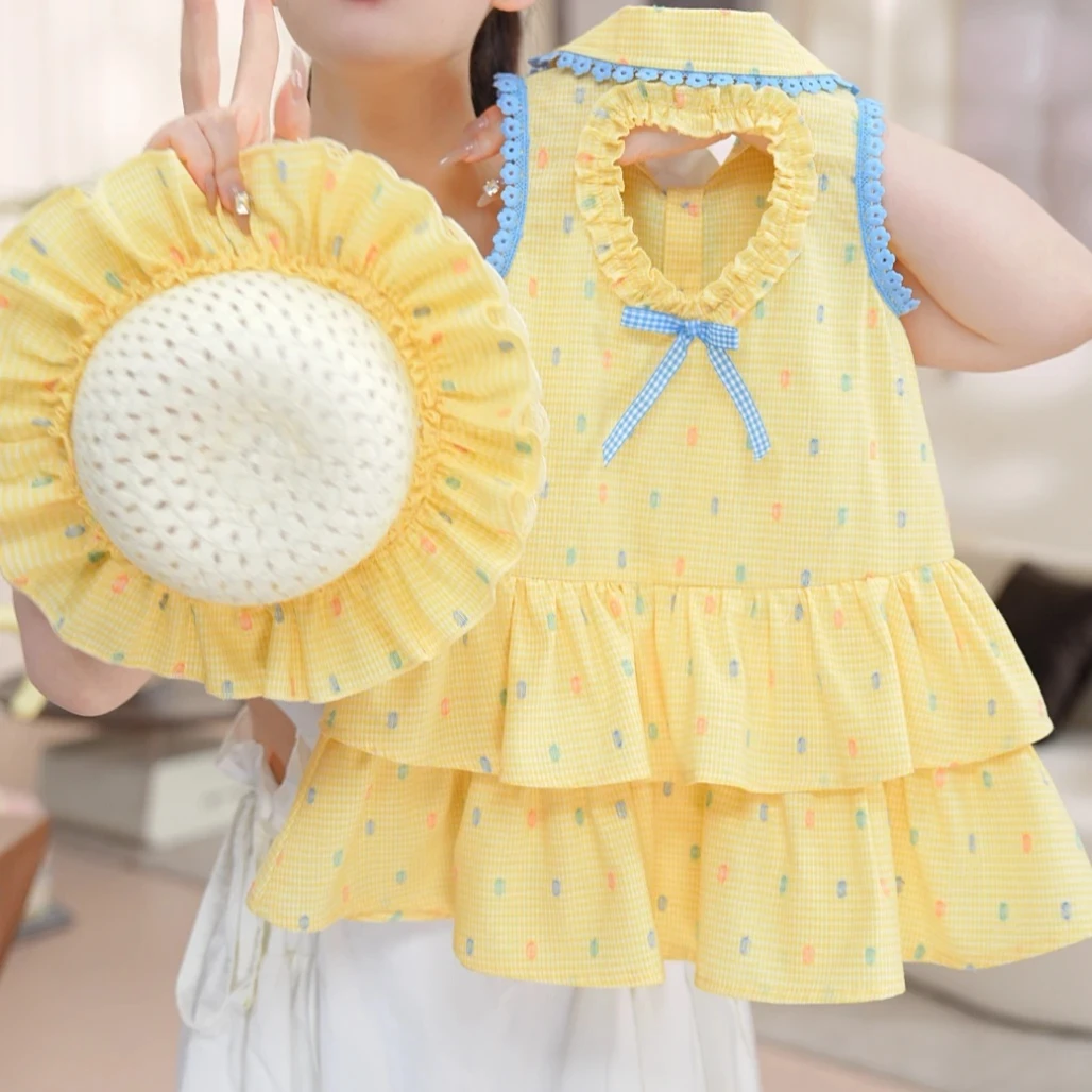 【淡黄】女童夏季薄款套头无袖女宝裙子韩版夏装童裙黄碎花连衣裙