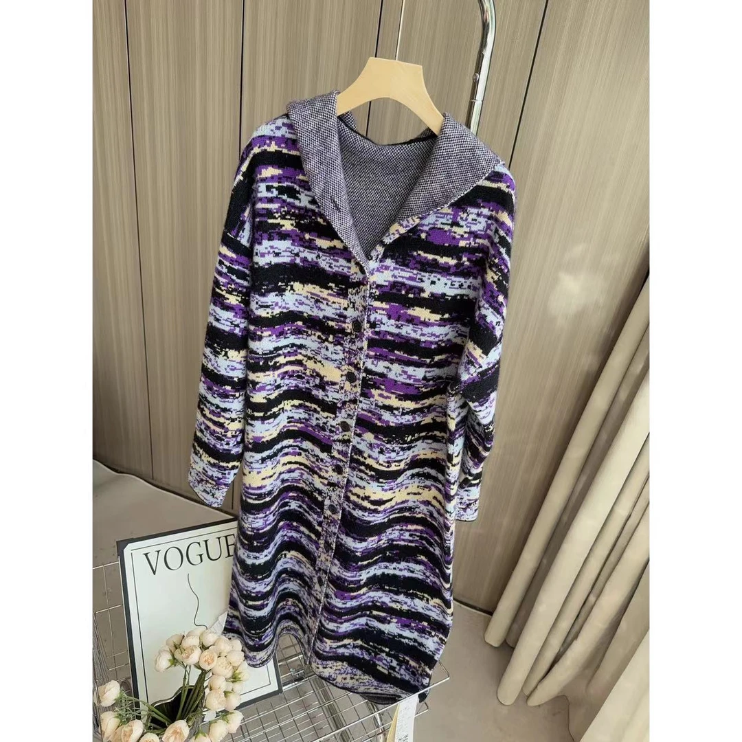 【100山羊绒】241204秋冬新款连帽长款羊绒外套宽松撞色款遮肉显瘦