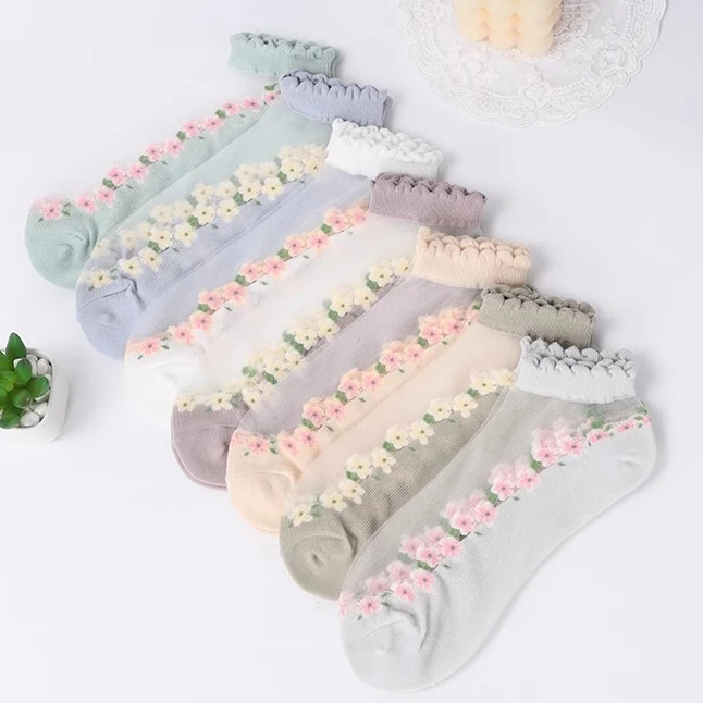 卡丝袜夏季花边水晶船袜薄款100%正品棉底短筒袜透气吸汗袜子女士