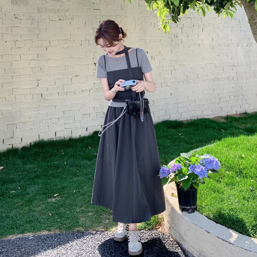 2025夏新款韩系气质时尚圆领T恤衫抽褶吊带背心半身裙套装配飘带
