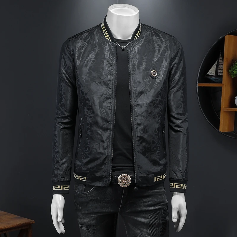 希敦纽勒春季立领暗花夹克男修身花色外套帅气休闲绣标薄款上衣潮