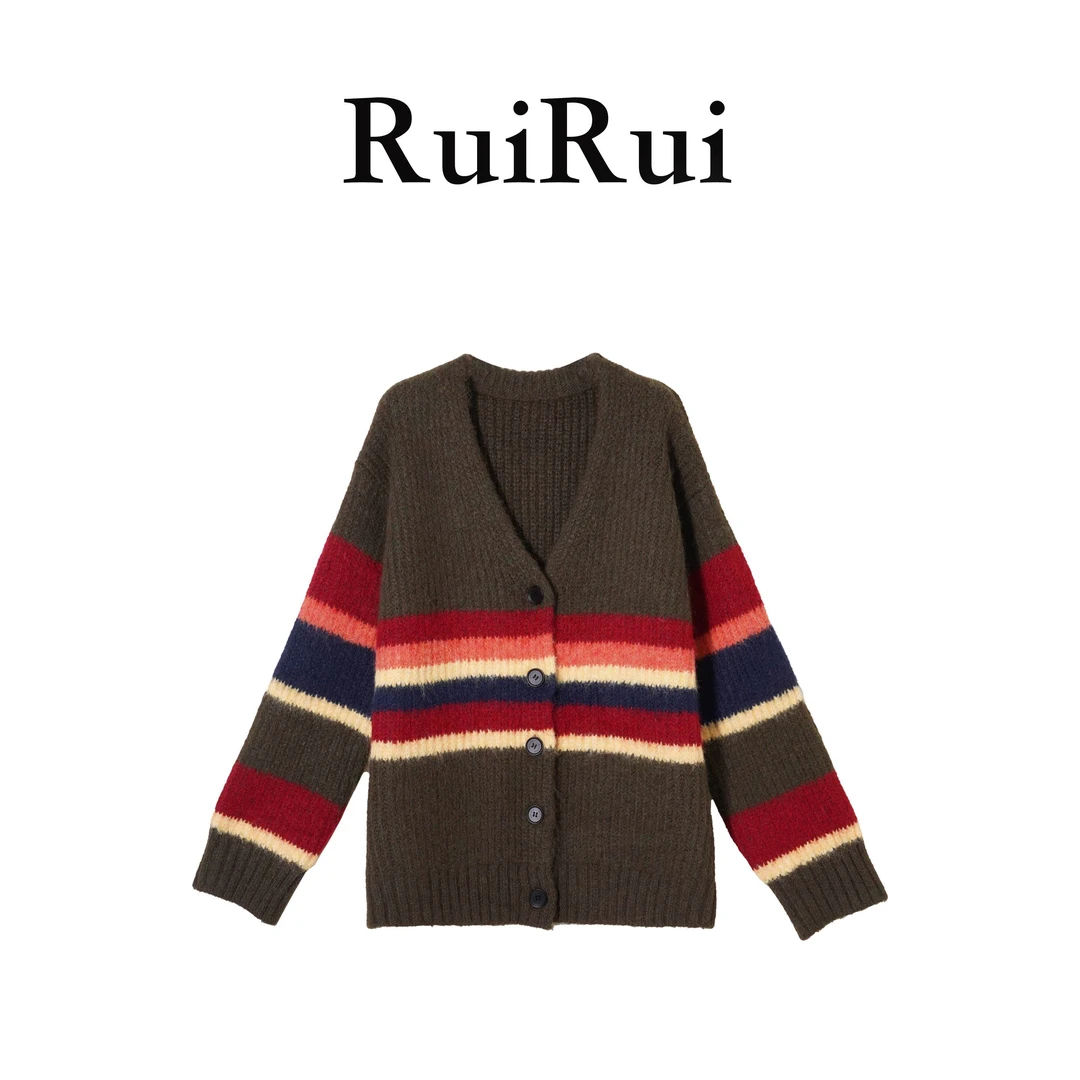 RUIRUI瑞毛针织衫秋季毛衣慵懒风撞色V领拼色开衫款条纹SY1277R